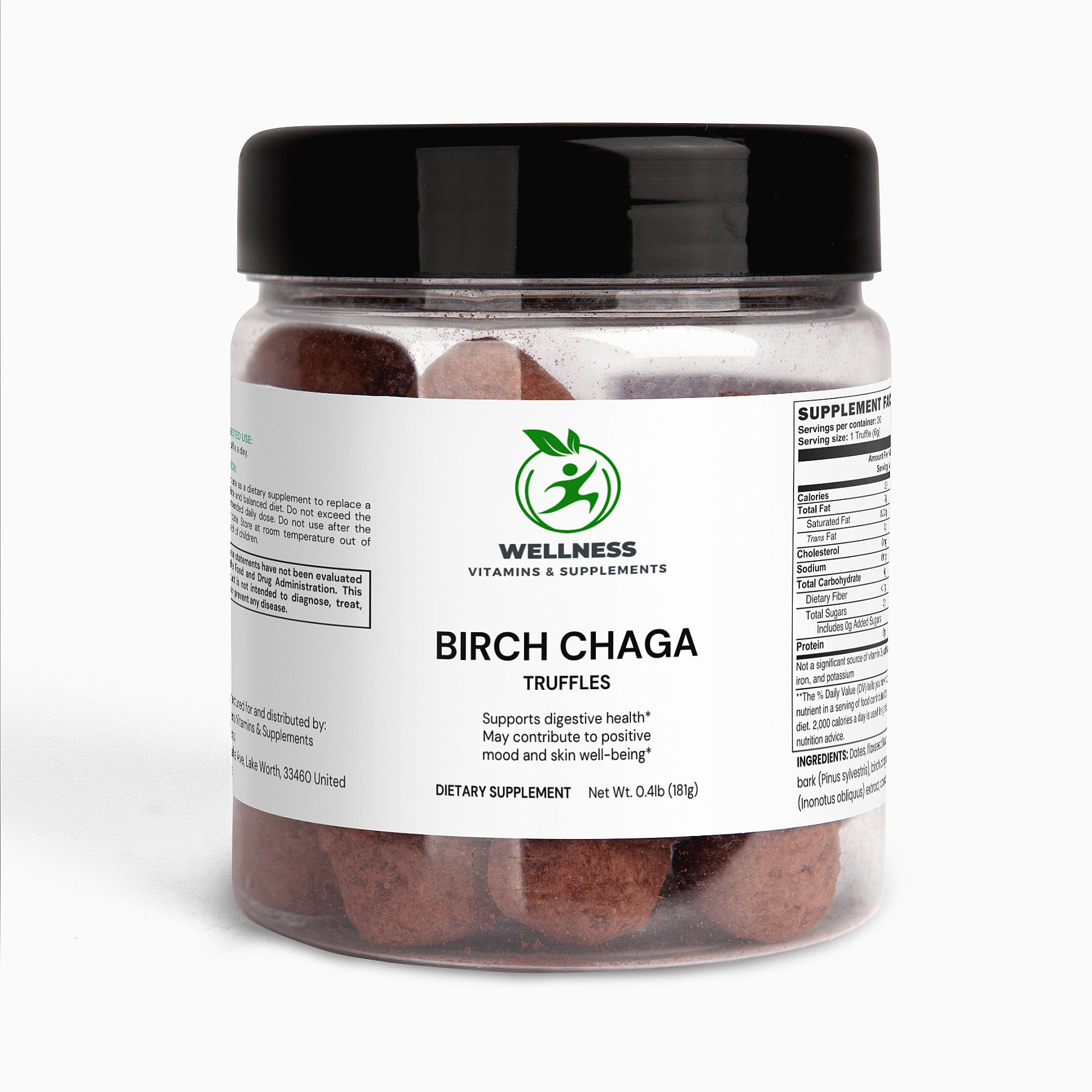 A plate of Birch Chaga Truffles next to dried Chaga mushrooms, highlighting their immune-boosting and antioxidant benefits.

