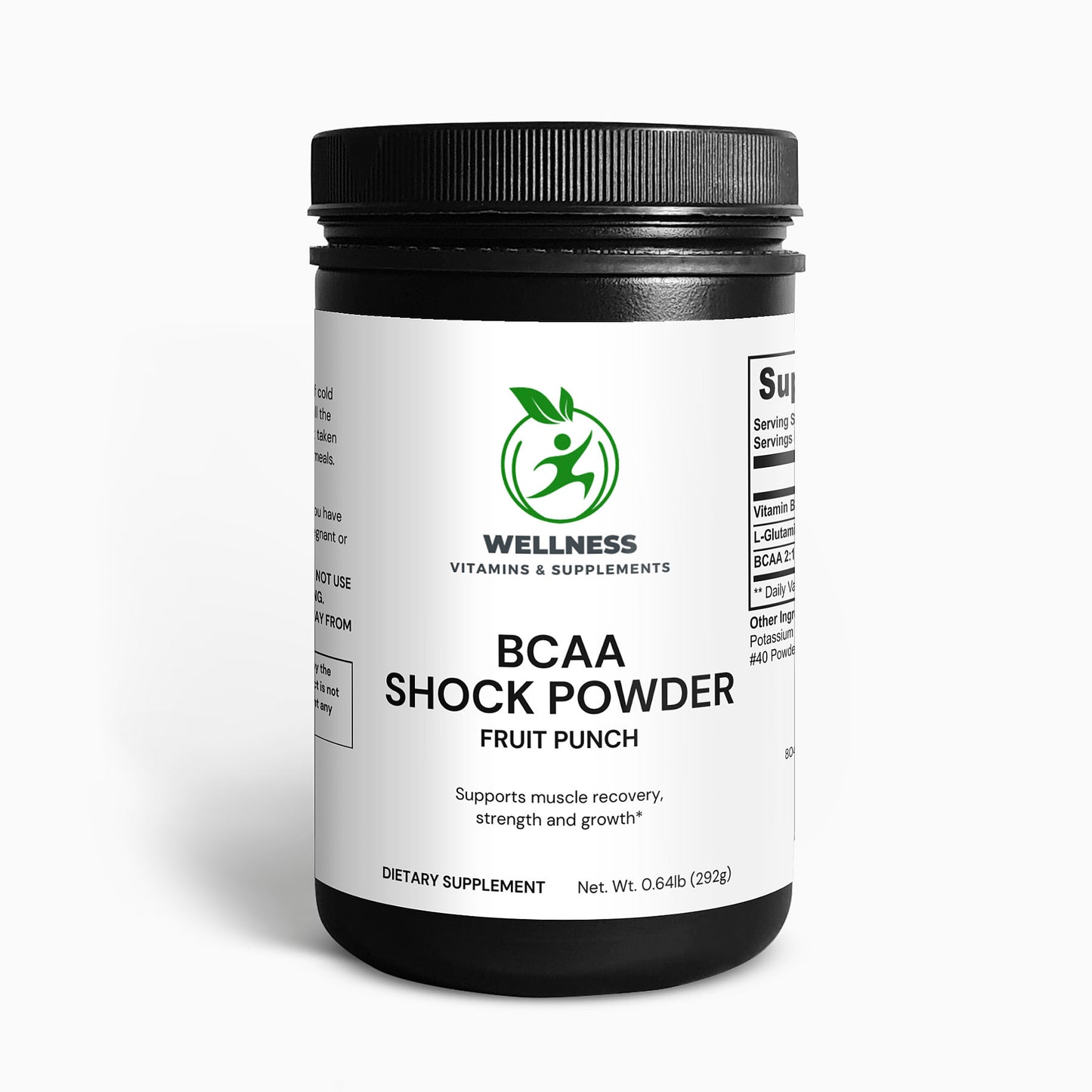 A scoop of BCAA Shock Powder (Fruit Punch) next to a shaker bottle and fresh fruit, highlighting its muscle recovery and endurance benefits.

