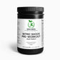 A scoop of Nitric Shock Pre-Workout Powder (Fruit Punch) next to a shaker bottle and fresh fruit, highlighting its energy-boosting benefits.