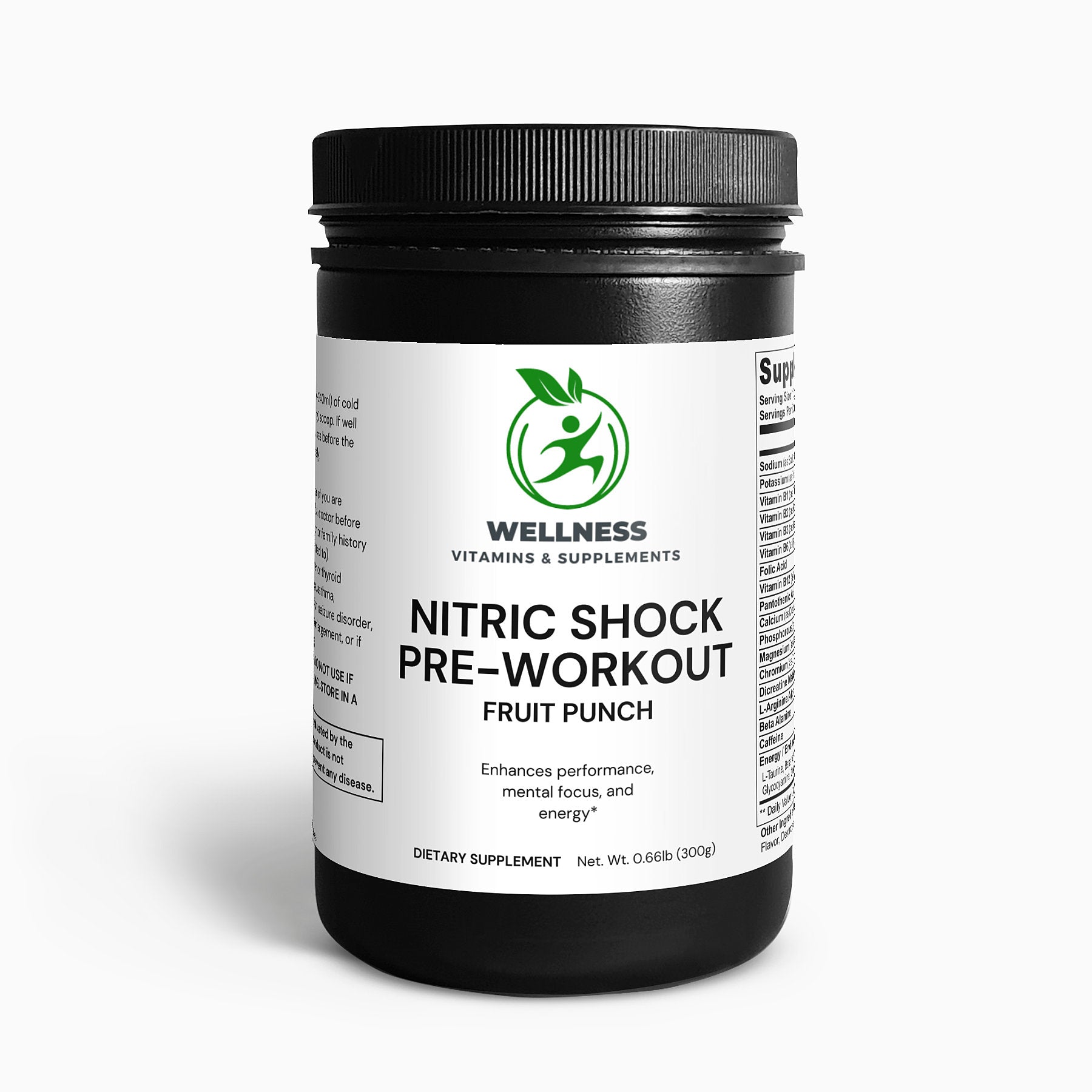 A scoop of Nitric Shock Pre-Workout Powder (Fruit Punch) next to a shaker bottle and fresh fruit, highlighting its energy-boosting benefits.