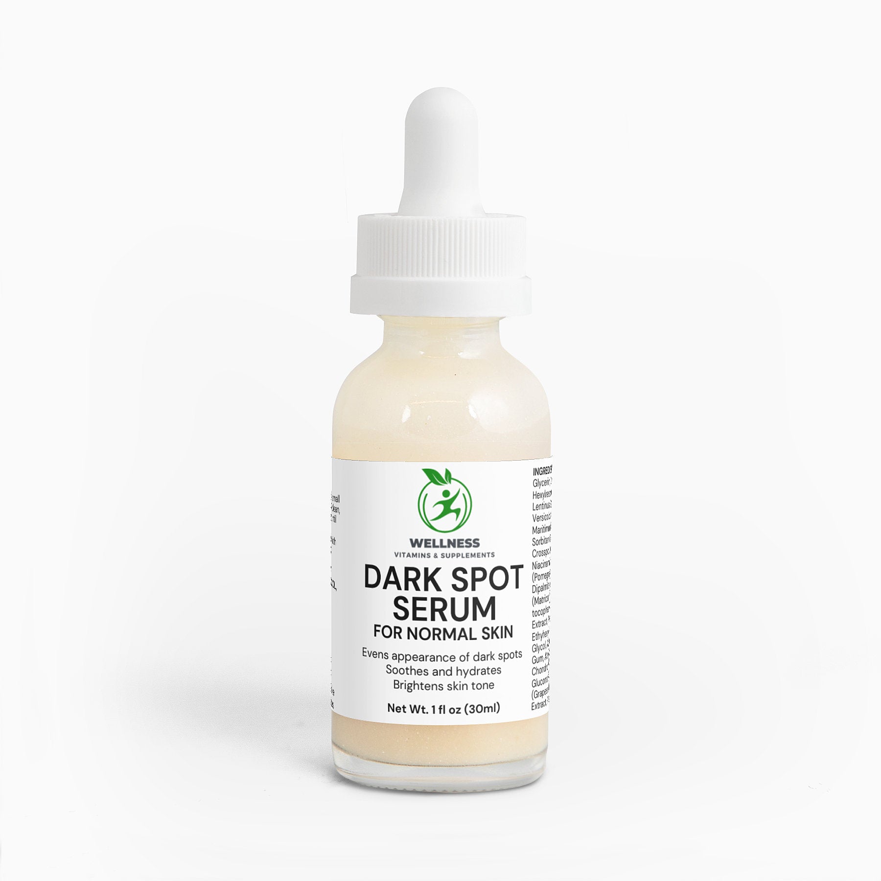 A sleek bottle of Dark Spot Serum for Normal Skin with a smooth, lightweight texture, designed for brightening and reducing dark spots.