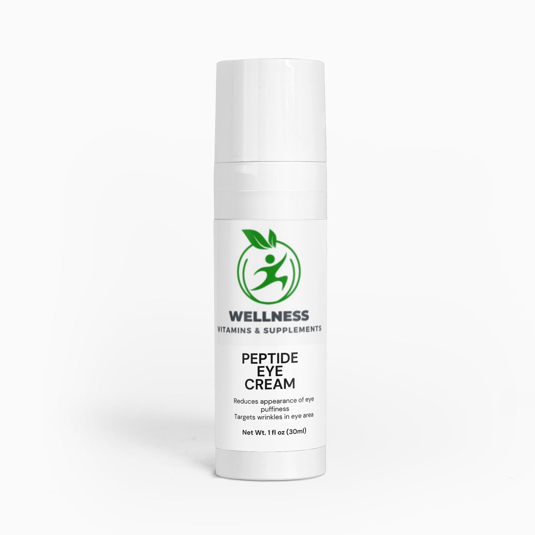 A small jar of Peptide Eye Cream with a smooth texture, designed to reduce dark circles, wrinkles, and puffiness.