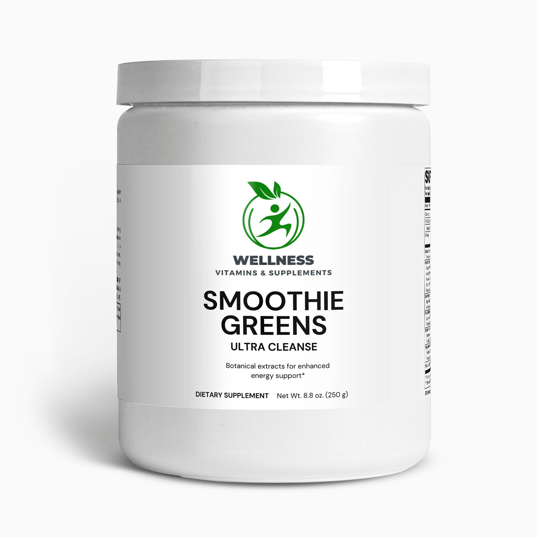 A tub of Ultra Cleanse Smoothie Greens next to fresh kale, spinach, and a green smoothie, highlighting its detox and digestion benefits.

